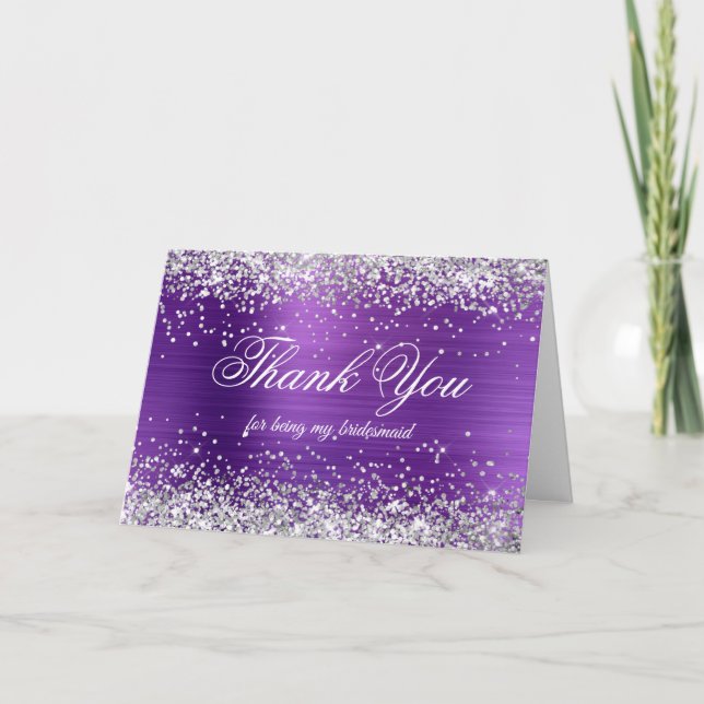 Shiny Silver Glitter Amethyst Foil Bridesmaid Thank You Card (Front)