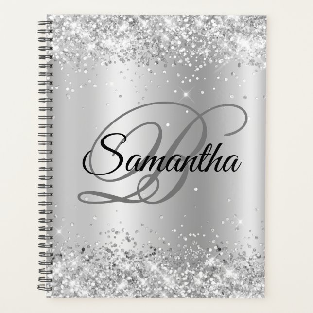Shiny Silver Glitter Pale Ombre Foil Monogram Planner (Front)