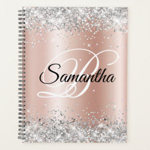 Shiny Silver Glitter Pale Rose Gold Foil Monogram Planner