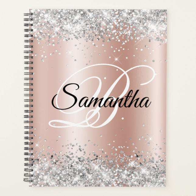 Shiny Silver Glitter Pale Rose Gold Foil Monogram Planner (Front)