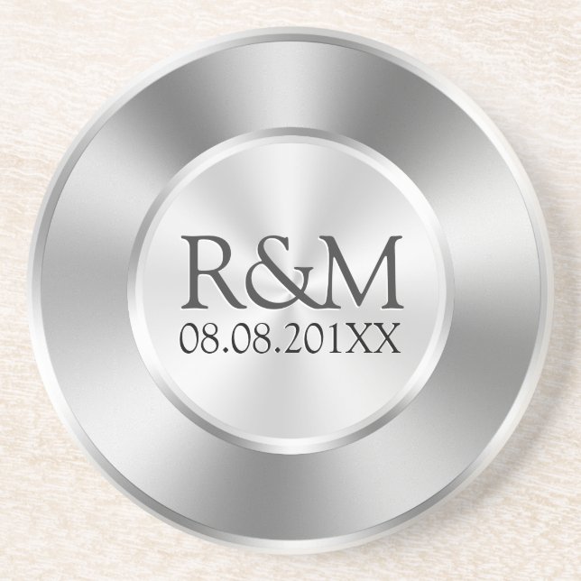 Shiny Silver Grey Stainless Steel Look Monogram Coaster (Front)