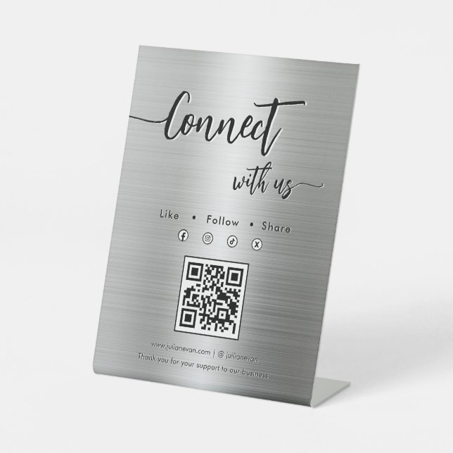 Shiny Silver Metal Social Media Single QR Code Pedestal Sign (Front)