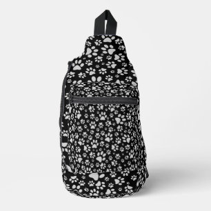 Shiny Silver Paws black Background Print Pattern Sling Bag