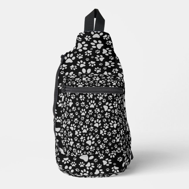 Shiny Silver Paws black Background Print Pattern Sling Bag (Front)