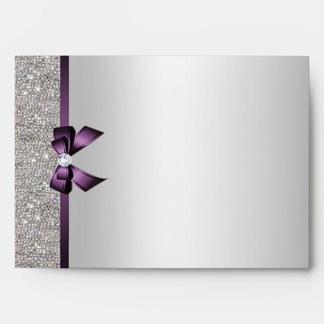 Shiny Silver Sequins Diamonds Purple Bow Envelope (Front)