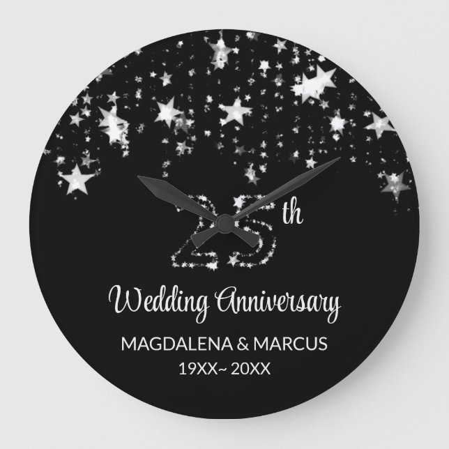 Shiny Silver Stars And Numbers Large Clock (Front)