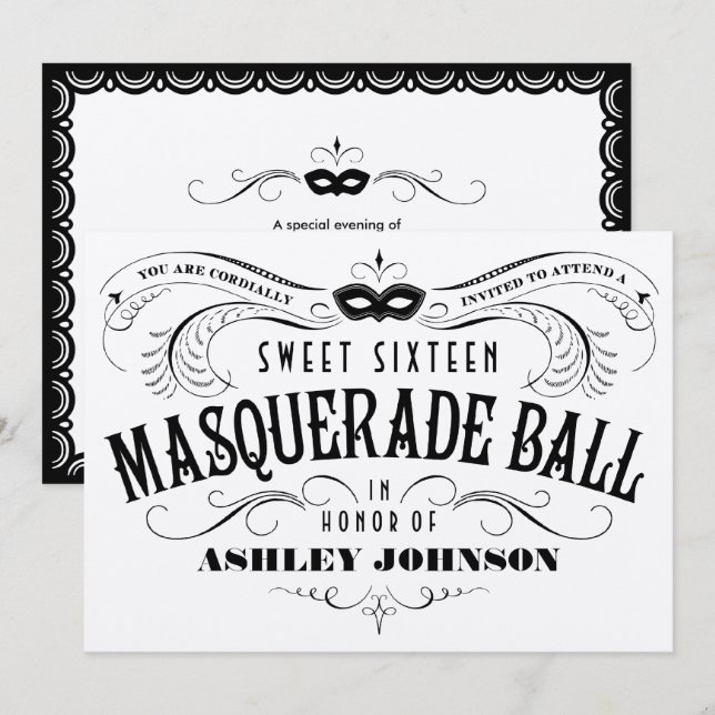 Shiny Silver Sweet 16 Masquerade Ball Invitations (Front/Back)