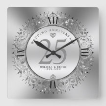 Shiny Silver Swirls Circle Frame 25th wedding Square Wall Clock
