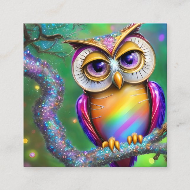 Shiny Smooth Glass Look for Owl Square Business Card (Front)