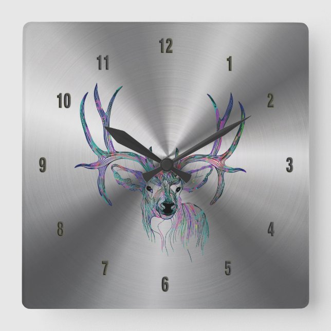 Shiny Stainless Steel & Colourful Deer Illustratio Square Wall Clock (Front)