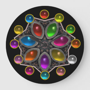 SHINY STAR WITH COLORFUL GEMSTONES ,Black Large Clock