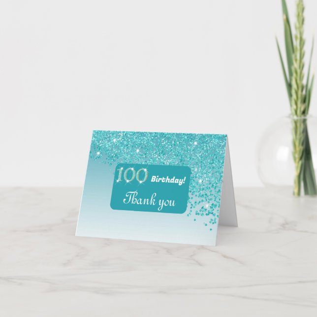 Shiny Teal Blue Glitter, 100th Birthday Thank You (Front)