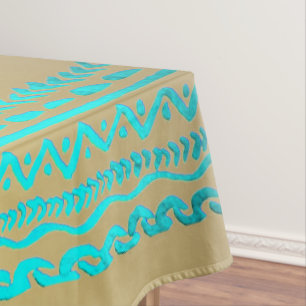Shiny Teal Turquoise Tribal Pattern on Gold  Tablecloth