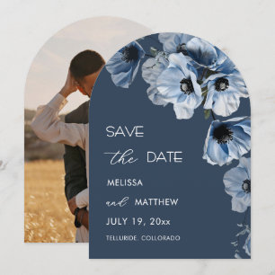 Shiny Transparent Blue Flowers Arched Save The Date