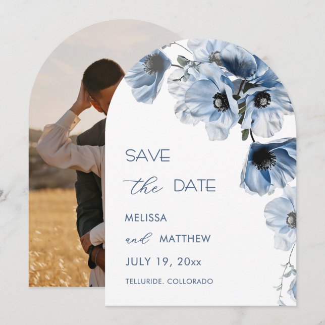 Shiny Transparent Blue Flowers Arched Save The Date (Front/Back)