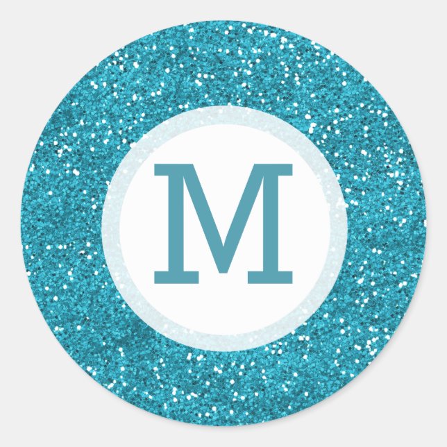 Shiny Turquoise Blue Glitter Monogrammed Classic Round Sticker (Front)