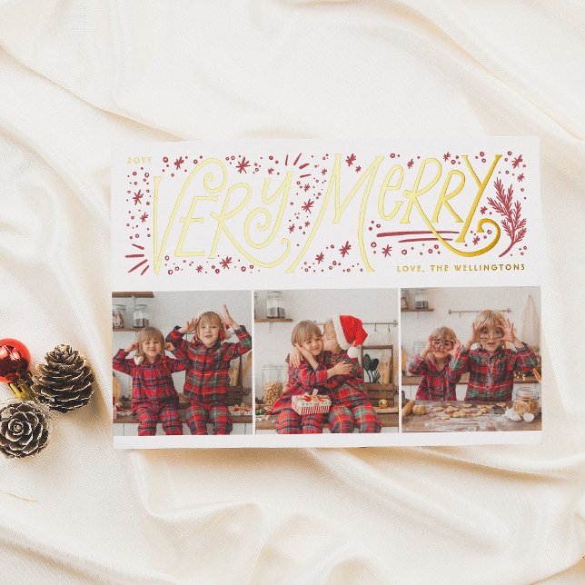 Shiny Very Merry Hand Lettering 3 Photo Christmas Foil Holiday Card (Creator Uploaded)