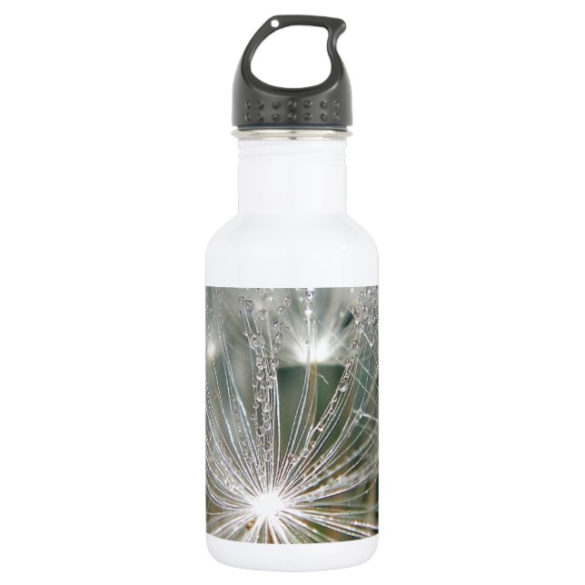 Shiny waterdrops on a white dandelion 532 ml water bottle (Front)