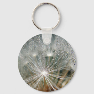 Shiny waterdrops on a white dandelion key ring