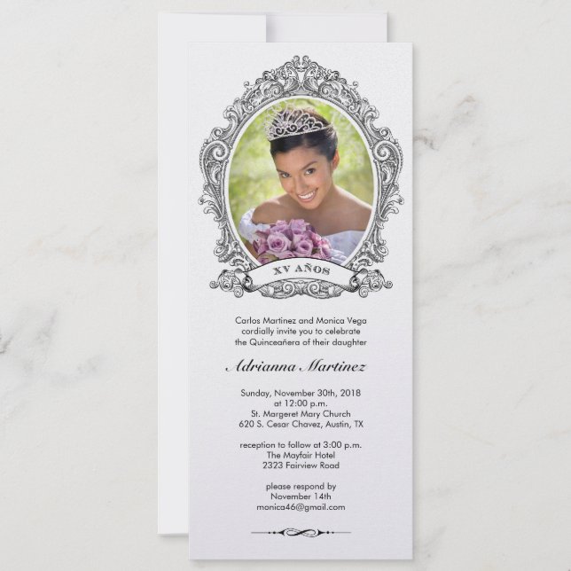 Shiny White and Black Quinceanera Photo Invitation (Front)