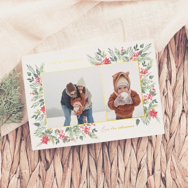 Shiny Winter Botanicals & Holly Christmas 2 Photo Foil Holiday Card (Creator Uploaded)