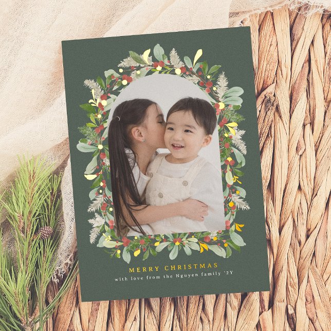 Shiny Winter Garden Green Arch Christmas 1 Photo Foil Holiday Card (Creator Uploaded)