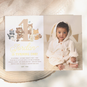 Shiny Woodland Animals First Birthday Party Photo