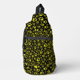 Shiny Yellow Paws black Background Print Pattern Sling Bag