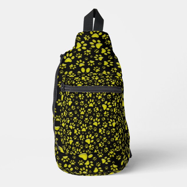 Shiny Yellow Paws black Background Print Pattern Sling Bag (Front)