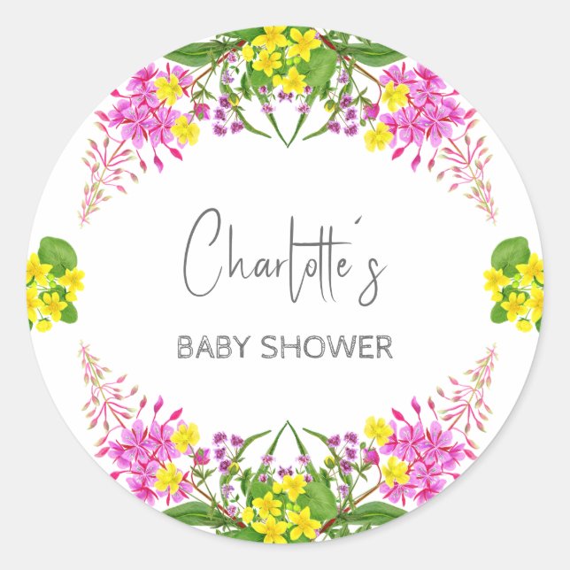 Shiny Yellow Pink Wildflower Script  Classic Round Sticker (Front)