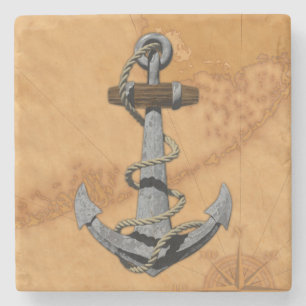 Ship Anchor And Nautical Map Stone Coaster