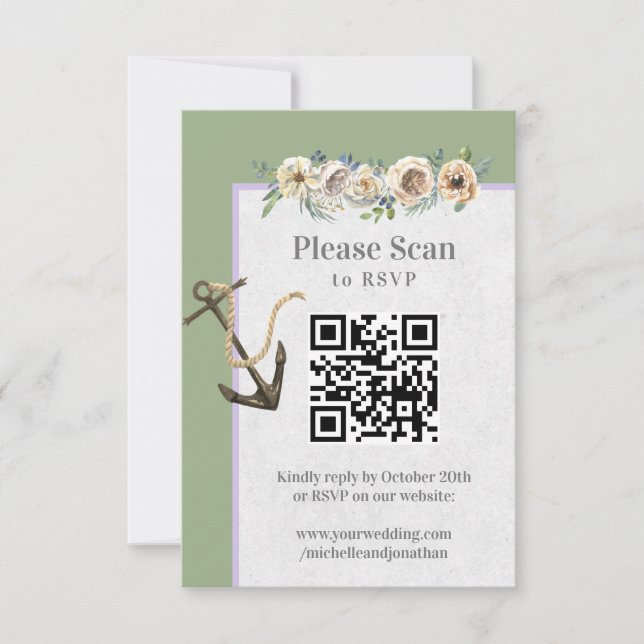 Ship Anchor Floral Wedding Sage Lavender QR Code RSVP Card (Front)