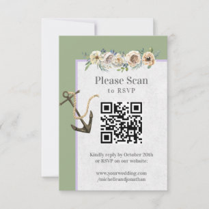 Ship Anchor Floral Wedding Sage Lavender QR Code RSVP Card