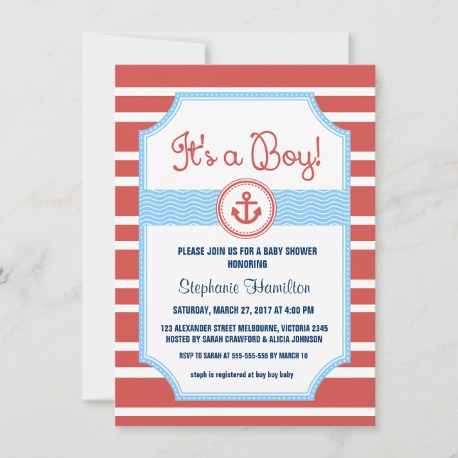 Ship anchor nautical baby boy shower invitation (Front)