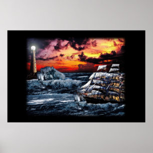 Ship and Lighthouse Poster