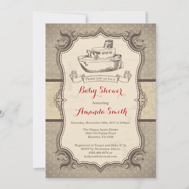 Ship Baby Shower Invitation Vintage Retro (Front)