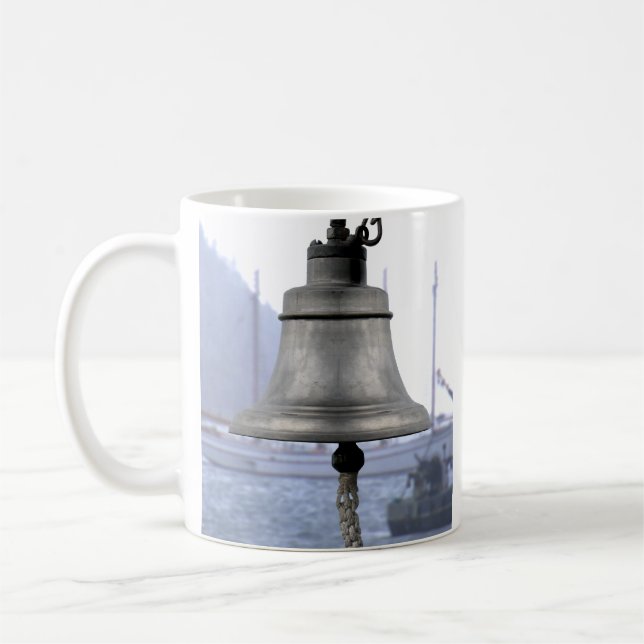 Ship Bell in Harbour Cloudy Day Mug (Left)