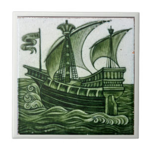 Ship By William * De Morgan Green Eggshell      Ceramic Tile