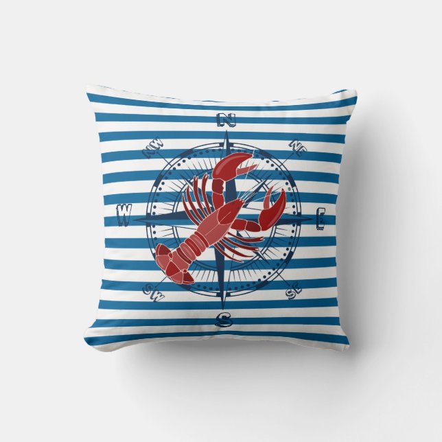Ship Compass and Lobster Blue and White Stripe Cushion (Front)