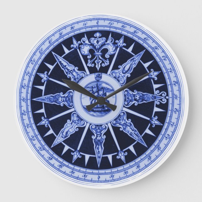 Ship Compass Wind Directions Delft-Blue-Look Large Clock (Front)