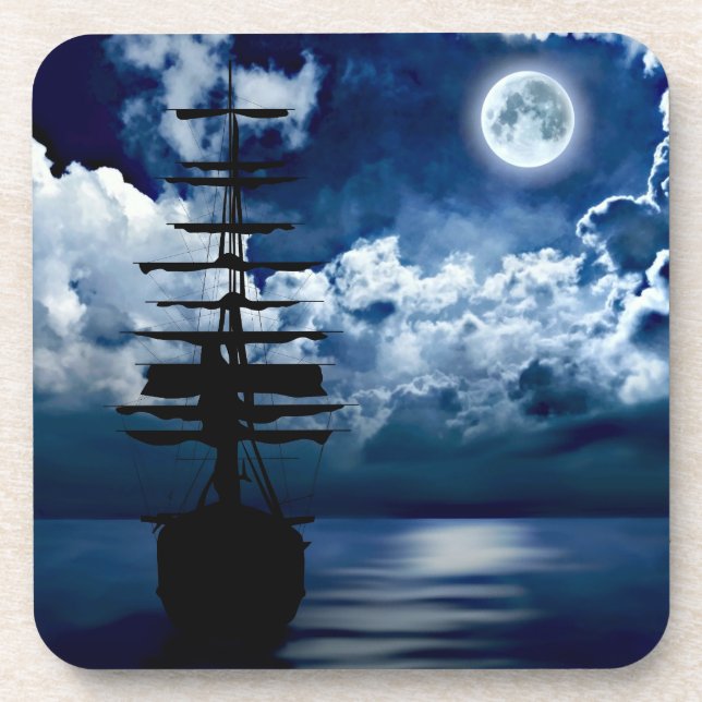 Ship Cork Coasters under Full Moon (Front)