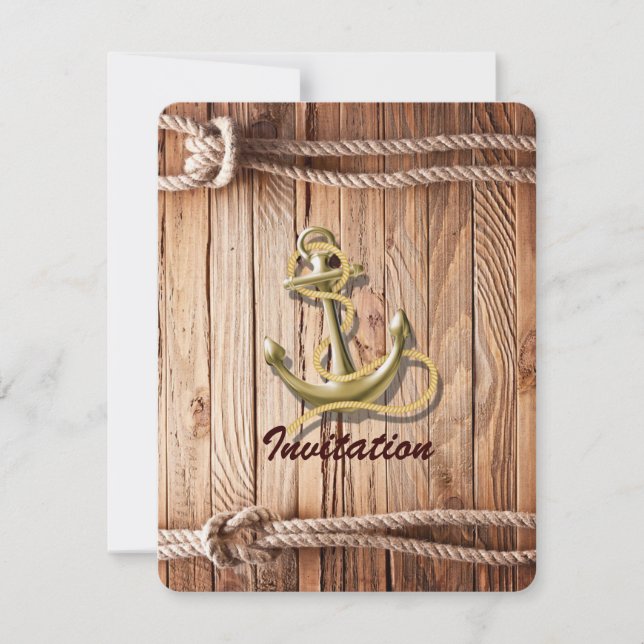 ship dock wood beach anchor nautical wedding invitation (Front)