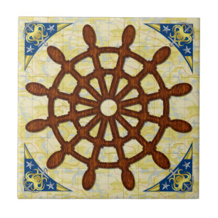 Ship Helm Wheel in Wood Old Map Nautical Seafaring Ceramic Tile