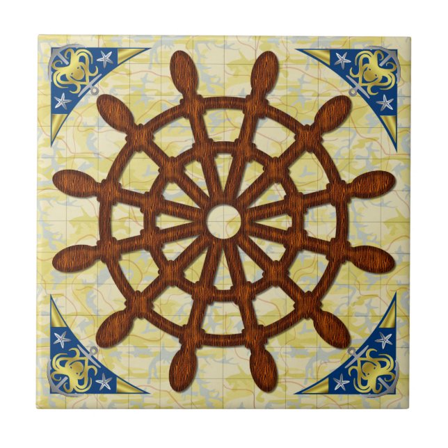 Ship Helm Wheel in Wood Old Map Nautical Seafaring Ceramic Tile (Front)