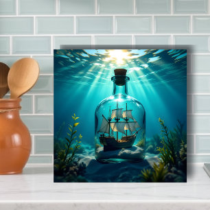 Ship in a Bottle Floating on the Ocean Ceramic Tile