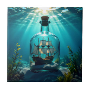 Ship in a Bottle in the Ocean Ceramic Tile