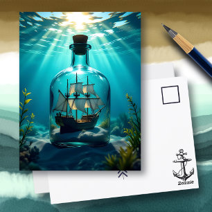 Ship in a Bottle in the Ocean   Saying Hi Postcard