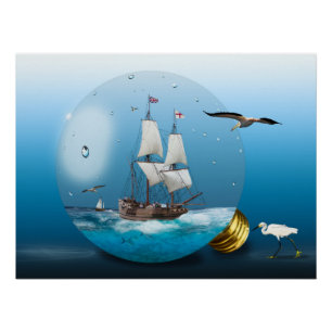 Ship in a light bulb poster
