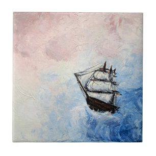 Ship in the Clouds Mystery Borders Sea Ocean Waves Ceramic Tile