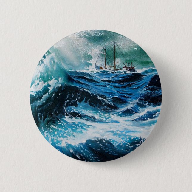Ship In the Sea in Storm 6 Cm Round Badge (Front)